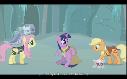 Size: 640x400 | Tagged: safe, derpibooru import, screencap, applejack, clover the clever, fluttershy, princess platinum, private pansy, rarity, smart cookie, twilight sparkle, earth pony, pegasus, pony, unicorn, hearth's warming eve (episode), hatless, hearth's warming eve, hub logo, missing accessory, youtube caption