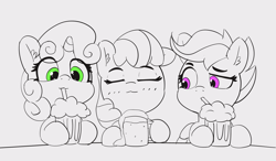 Size: 3480x2034 | Tagged: safe, artist:pabbley, apple bloom, scootaloo, sweetie belle, earth pony, pegasus, pony, unicorn, 30 minute art challenge, :3, alcohol, beer, blushing, cute, cutie mark crusaders, eyes closed, milkshake, monochrome, partial color, smiling