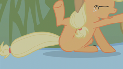 Size: 853x480 | Tagged: safe, screencap, applejack, rainbow dash, earth pony, pegasus, pony, bridle gossip, eyes closed, female, mare, micro, out of context, ponies riding ponies, solo focus