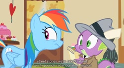 Size: 1280x705 | Tagged: safe, derpibooru import, screencap, rainbow dash, spike, dragon, pegasus, pony, youtube caption