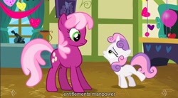 Size: 1280x705 | Tagged: safe, screencap, cheerilee, sweetie belle, meme, ponyville schoolhouse, youtube caption