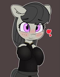 Size: 2445x3145 | Tagged: safe, artist:pabbley, octavia melody, earth pony, pony, blushing, brown background, clothes, cute, female, floating heart, heart, hnnng, looking at you, mare, simple background, solo, tavibetes