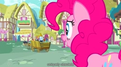 Size: 1279x704 | Tagged: safe, derpibooru import, screencap, cranky doodle donkey, pinkie pie, donkey, earth pony, pony, a friend in deed, ponyville, youtube caption