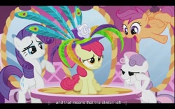 Size: 640x400 | Tagged: safe, derpibooru import, screencap, apple bloom, rarity, scootaloo, sweetie belle, pony, unicorn, the cutie pox, carousel boutique, cutie mark crusaders, hub logo, meme, youtube caption