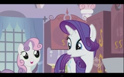 Size: 640x400 | Tagged: safe, derpibooru import, screencap, rarity, sweetie belle, pony, unicorn, sisterhooves social, hub logo, youtube caption