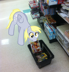 Size: 968x1000 | Tagged: safe, artist:ludiculouspegasus, derpy hooves, pony, irl, muffin, photo, ponies in real life, shopping