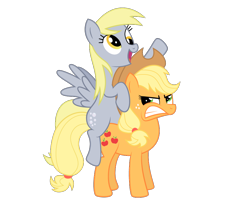 Size: 970x792 | Tagged: safe, artist:danleman14, applejack, derpy hooves, earth pony, pegasus, pony, angry, female, mare, ponies riding ponies, riding, simple background, transparent background