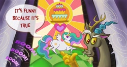 Size: 1173x623 | Tagged: safe, artist:arimovergremrider, discord, princess celestia, alicorn, pony, cake, cakelestia, chubbylestia, discord being discord, fat, food, implied princess celestia, plot, stained glass, sunbutt, this will end in tears and/or a journey to the moon