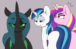 Size: 1280x833 | Tagged: safe, artist:pabbley, edit, princess cadance, queen chrysalis, shining armor, alicorn, changeling, changeling queen, pony, unicorn, 30 minute art challenge, distracted boyfriend meme, eye clipping through hair, female, imminent threesome, male, meme, shining chrysalis, shiningcadance, shipping, smiling, smirk, smug, stallion, straight, this will end in a night of three-player twister