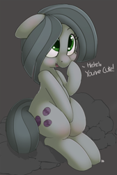 Size: 819x1222 | Tagged: safe, artist:pabbley, artist:transgressors-reworks, edit, marble pie, earth pony, pony, blushing, colored, cute, dialogue, female, floppy ears, gray background, marblebetes, mare, open mouth, rock, simple background, sitting, smiling, solo, wrong eye color