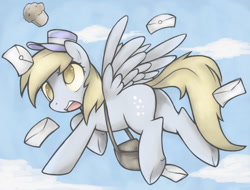 Size: 761x579 | Tagged: safe, artist:soulspade, derpy hooves, pegasus, pony, female, letter, mailmare, mare, muffin, solo