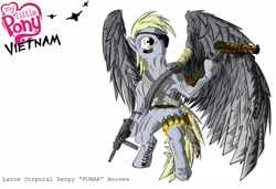 Size: 1900x1300 | Tagged: safe, artist:teddyhands, part of a series, part of a set, derpy hooves, pegasus, pony, bandolier, dexterous hooves, eyepatch, f-4 phantom, f-4 phantom ii, female, grenade launcher, gun, knife, m3 grease gun, m79, mare, marines, stitches, vietnam, vietnam war, vietnam war series, vulgar, war, weapon, who needs trigger fingers