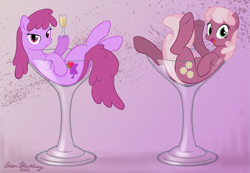 Size: 955x660 | Tagged: safe, artist:brianblackberry, berry punch, berryshine, cheerilee, earth pony, pony, alcohol, cup of pony, drink, female, glass, mare, micro