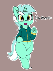 Size: 3786x5000 | Tagged: safe, artist:pabbley, lyra heartstrings, pony, semi-anthro, unicorn, 30 minute art challenge, absurd resolution, belly button, bipedal, brown background, clothes, cute, ear fluff, female, frog (hoof), heart, hoofbutt, jacket, looking at you, lyrabetes, mare, simple background, solo, speech, underhoof, waving