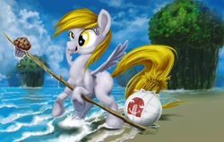 Size: 2362x1500 | Tagged: source needed, safe, artist:changeunism, derpy hooves, pegasus, pony, beach, cast away, crossover, female, island, mare, muffin, ocean, open mouth, solo, spear, tongue out, volleyball, water, wilson (cast away)