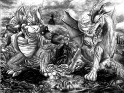 Size: 1310x986 | Tagged: safe, artist:primogenitor34, discord, twilight sparkle, bowser, crossover, epic, fight, giga bowser, macro, mario, monochrome, super mario bros., traditional art