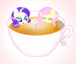 Size: 1430x1218 | Tagged: safe, artist:steffy-beff, fluttershy, rarity, pegasus, pony, unicorn, cup of pony, drink, food, micro, raritea, tea