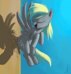 Size: 679x706 | Tagged: safe, artist:raikoh, derpy hooves, pegasus, pony, the last roundup, butt bump, eyes closed, female, flying, iron plot, mare, open mouth, scene interpretation, solo