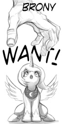 Size: 612x1216 | Tagged: safe, artist:hattonslayden, princess luna, human, brony, bronybait, hand, in goliath's palm, micro, monochrome, s1 luna, sketch, want