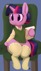 Size: 929x1600 | Tagged: safe, artist:pabbley, artist:transgressors-reworks, edit, twilight sparkle, semi-anthro, unicorn, alternate hairstyle, clothes, female, hair bun, mare, notepad, simple background, sitting, smiling, socks, solo, sweater, thighlight sparkle, thunder thighs, wide hips