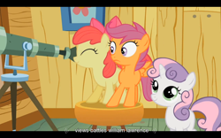 Size: 1024x640 | Tagged: safe, screencap, apple bloom, scootaloo, sweetie belle, family appreciation day, cutie mark crusaders, youtube caption