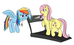 Size: 1280x788 | Tagged: safe, artist:8aerondight8, fluttershy, rainbow dash, pegasus, pony, exercise, fat, fattershy, flutterbutt, out of shape, plot, simple background, sweat, sweatdrop, tongue out, treadmill, whistle