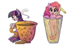 Size: 770x486 | Tagged: safe, artist:keterok, pinkie pie, twilight sparkle, earth pony, pony, coffee, cup of pony, drink, food, lemonade, micro