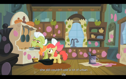 Size: 1024x640 | Tagged: safe, screencap, apple bloom, granny smith, family appreciation day, youtube caption