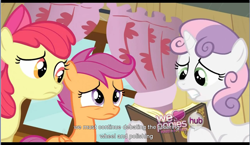 Size: 1277x742 | Tagged: safe, screencap, apple bloom, scootaloo, sweetie belle, hearts and hooves day (episode), book, cutie mark crusaders, hearts and hooves day, hilarious in hindsight, youtube caption