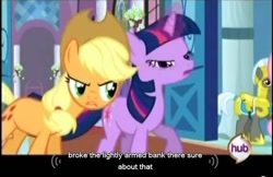 Size: 636x411 | Tagged: safe, derpibooru import, edit, edited screencap, screencap, applejack, twilight sparkle, earth pony, pony, bedroom eyes, caption, youtube caption