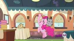 Size: 856x474 | Tagged: safe, derpibooru import, screencap, pinkie pie, earth pony, pony, mmmystery on the friendship express, cocaine, hub logo, youtube caption