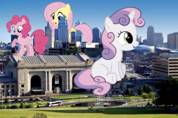 Size: 2560x1699 | Tagged: safe, fluttershy, pinkie pie, sweetie belle, pegasus, pony, city, crush fetish, giant pony, giantess, highrise ponies, kansas city, macro