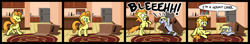 Size: 2341x414 | Tagged: safe, artist:zicygomar, carrot top, derpy hooves, golden harvest, pegasus, pony, box, cardboard box, comic, cute, female, hermit crab, hilarious in hindsight, mare, pony in a box, rug, scared, sink