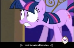 Size: 636x411 | Tagged: safe, screencap, twilight sparkle, changeling, terrorist, youtube caption