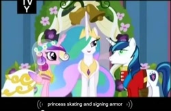 Size: 636x415 | Tagged: safe, screencap, princess cadance, princess celestia, shining armor, alicorn, pony, unicorn, a canterlot wedding, youtube caption