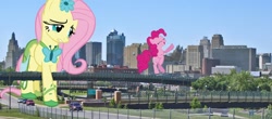 Size: 1636x722 | Tagged: safe, fluttershy, pinkie pie, pegasus, pony, city, giant pony, giantess, highrise ponies, kansas city, macro, missouri