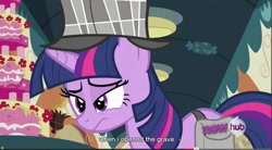 Size: 856x474 | Tagged: safe, screencap, twilight sparkle, cake, food, marzipan mascarpone meringue madness, youtube caption