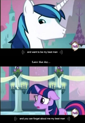 Size: 632x911 | Tagged: safe, screencap, shining armor, twilight sparkle, pony, unicorn, a canterlot wedding, hub logo, youtube caption