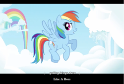 Size: 769x520 | Tagged: safe, derpibooru import, screencap, rainbow dash, pegasus, pony, flying, like a boss, solo, youtube caption