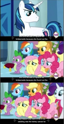 Size: 637x1229 | Tagged: safe, derpibooru import, screencap, applejack, fluttershy, pinkie pie, rainbow dash, rarity, shining armor, spike, dragon, earth pony, pegasus, pony, unicorn, cancer, youtube caption