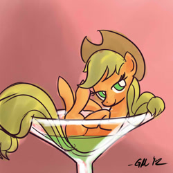 Size: 640x640 | Tagged: safe, artist:giantmosquito, applejack, earth pony, pony, appletini, cup of pony, drink, food, looking at you, micro, solo