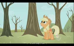 Size: 640x400 | Tagged: safe, derpibooru import, screencap, applejack, earth pony, pony, secret of my excess, hub logo, solo, youtube caption