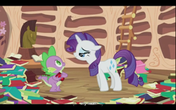 Size: 640x400 | Tagged: safe, derpibooru import, screencap, rarity, spike, dragon, pony, unicorn, secret of my excess, my mom, youtube caption