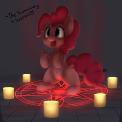 Size: 717x720 | Tagged: safe, artist:pabbley, artist:transgressors-reworks, edit, pinkie pie, earth pony, pony, belly button, bipedal, candle, cheek fluff, colored, cute, dialogue, diapinkes, ear fluff, eldritch abomination, floppy ears, happy, leg fluff, magic, magic circle, missing cutie mark, offscreen character, open mouth, ponk, sitting, smiling, solo, summoning, summoning circle, this will end in death and/or a party, xk-class end-of-the-world scenario