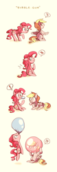 Size: 960x2880 | Tagged: safe, artist:karzahnii, derpy hooves, pinkie pie, earth pony, pegasus, pony, bubble on head, bubblegum, comic, cute, duo, female, floating, mare