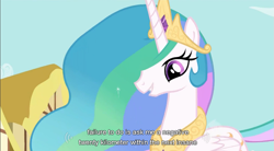 Size: 855x472 | Tagged: safe, screencap, princess celestia, alicorn, pony, female, mare, multicolored mane, solo, white coat, youtube caption