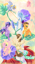 Size: 888x1613 | Tagged: safe, artist:tzulin520, applejack, derpy hooves, fluttershy, lyra heartstrings, pinkie pie, trixie, twilight sparkle, wild fire, oc, oc:fausticorn, earth pony, pegasus, pony, female, flower, happy, lauren faust, mare, micro, ponified, sibsy, surreal