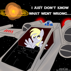 Size: 1000x1000 | Tagged: safe, artist:invidlord, derpy hooves, pegasus, pony, death star, female, mare, r2-d2, star wars, starfighter, x-wing