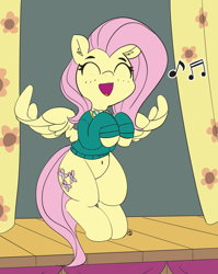 Size: 3674x4627 | Tagged: safe, artist:pabbley, color edit, edit, fluttershy, pegasus, pony, filli vanilli, 30 minute art challenge, belly button, clothes, colored, cute, eyes closed, female, flat colors, mare, music notes, ponytones, shyabetes, singing, solo, sweater