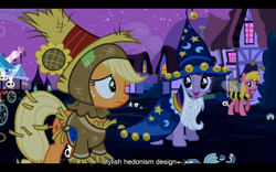 Size: 1024x640 | Tagged: safe, derpibooru import, screencap, applejack, cherry berry, star swirl the bearded, twilight sparkle, earth pony, pony, luna eclipsed, youtube caption